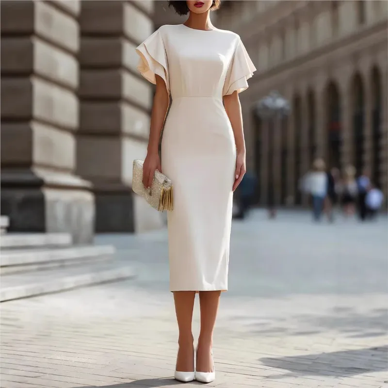 

Women's Ruffle Sleeve Slim Fit Hip Dress Summer New Fashion Commuting Banquet Midi One-Step Skirt Casual Solid Dresses For Women