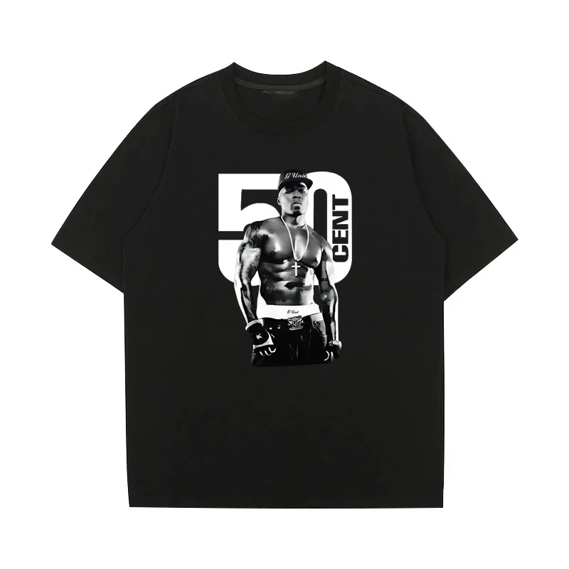 مغني الراب 50 سنت الجرافيك المطبوعة تي شيرت الرجال النساء موضة الهيب هوب خمر قصيرة الأكمام تي شيرت الصيف القطن المتضخم القمم