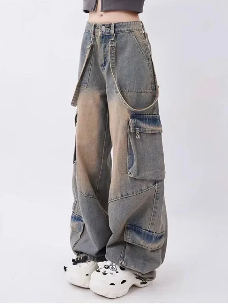 Vintage Overalls Retro Jeans Wide Leg Pants Streetwear Trousers Y2k Fashion Spice Girls Baggy Denim Pants Straight Jeans