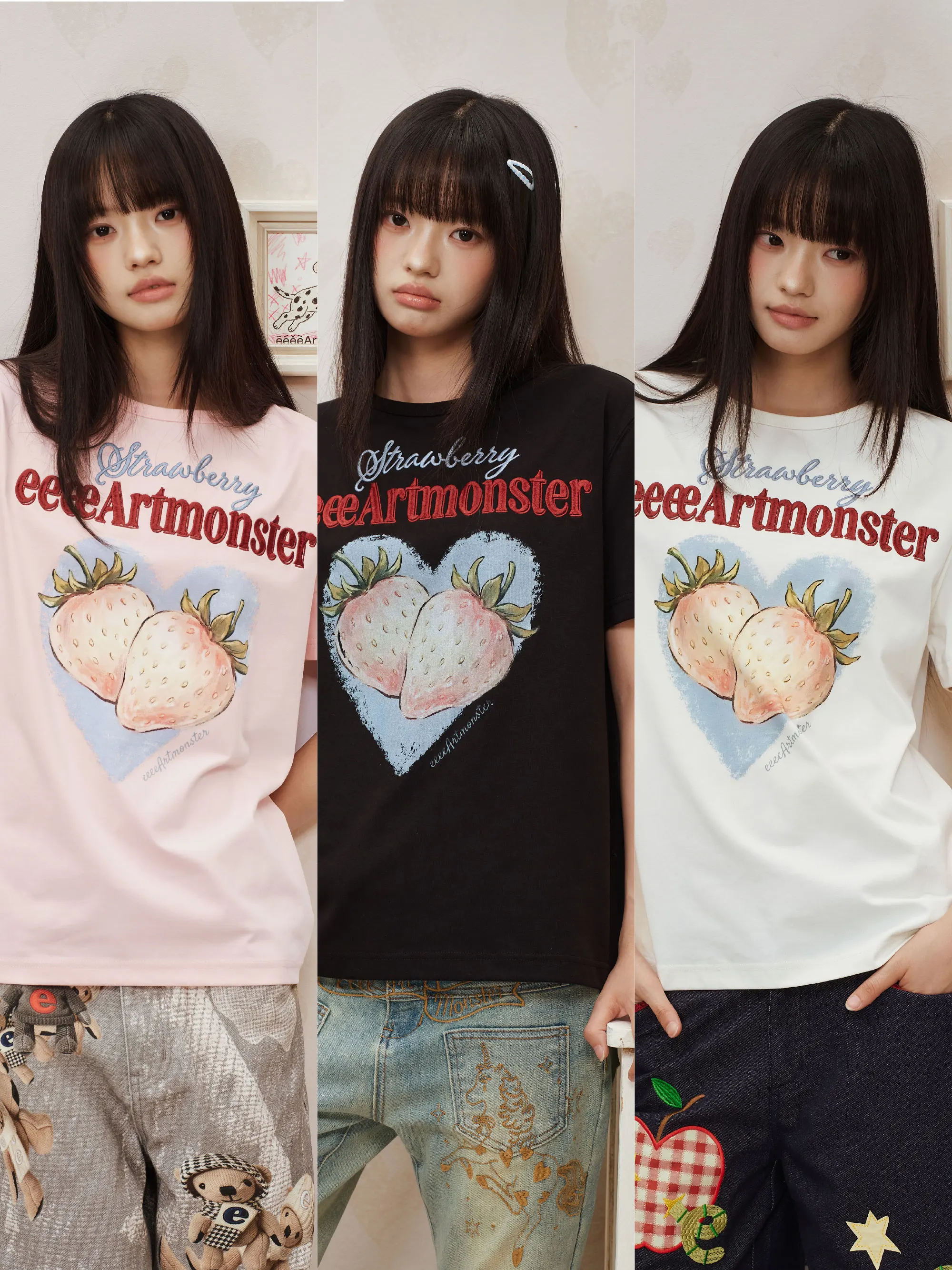 Street Style Short Sleeve T-Shirt 'Zhengzhong Berry Heart' Hand-Painted Graffiti Letter Embroidery Cotton Punk Fashion Women'...