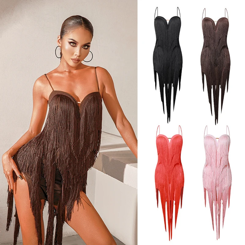 New Latin Dance Dress Women Sexy Dense Tassel Cha Cha Dance Costume Latin Competition Dress Samba Practice Fringe Dress DNV15984