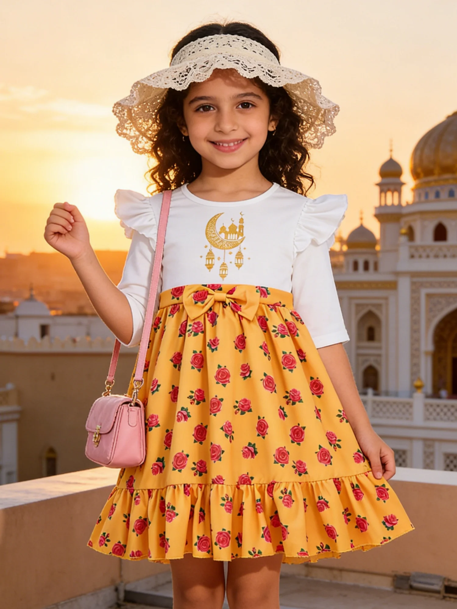 Yellow White Girls' Casual Dress, Featuring Moon Print With Gold Trim, Double-Layer Blue Mesh Skirt Purim Festival Daily Travel