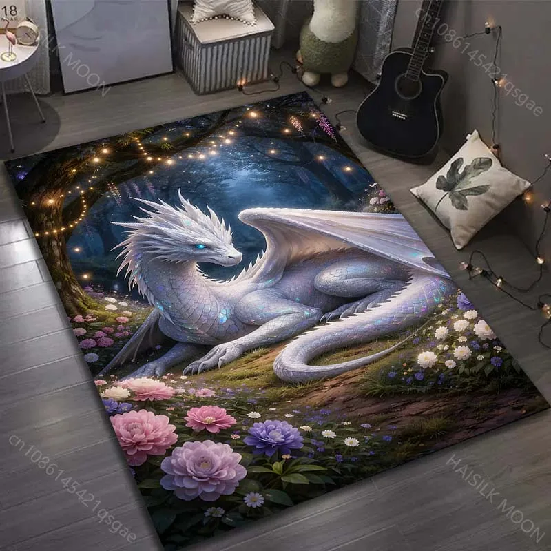 1PC White dragon in floral meadow Carpet for Living Room Bedroom Sofa Home Decor Rus Non-slip Floor Mat Luxury Gift