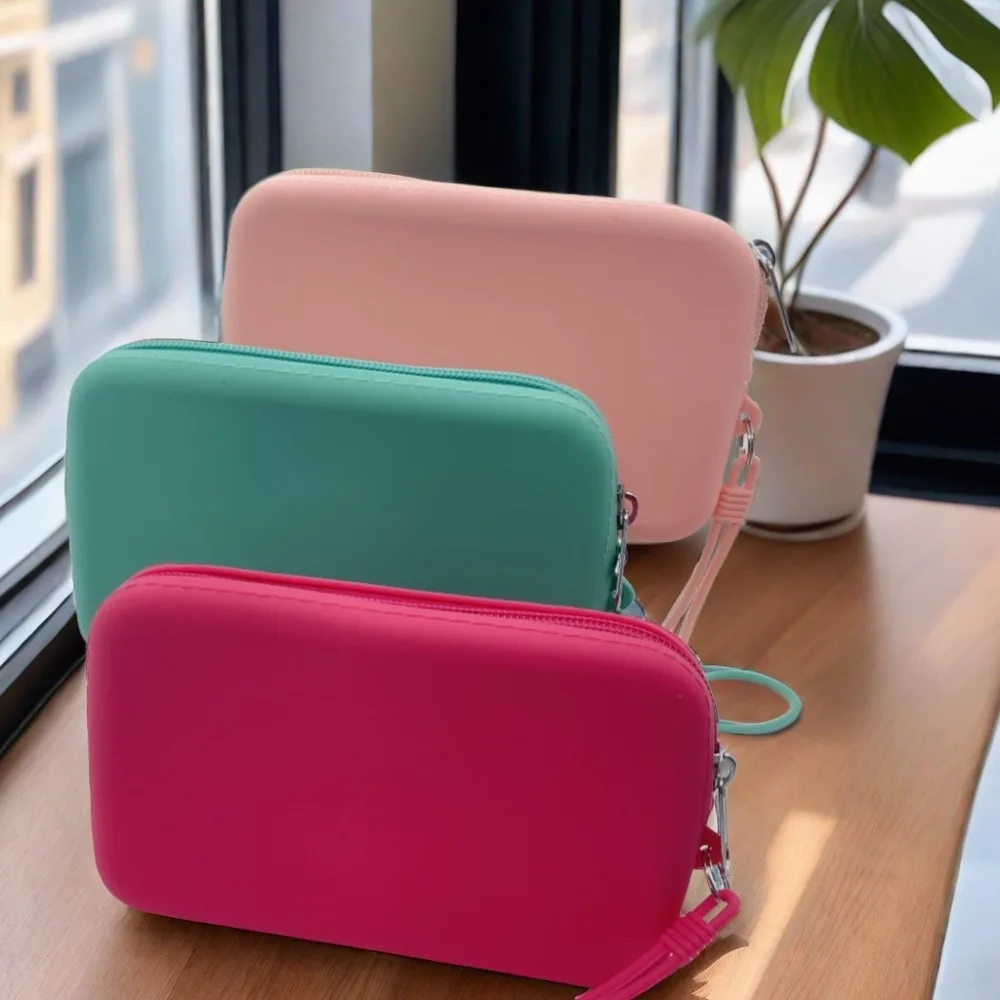 Bolsa cosmética de silicone retangular portátil para mulheres Alta capacidade Monocromática Coin Purse, Saco de auscultadores, Saco de artigo