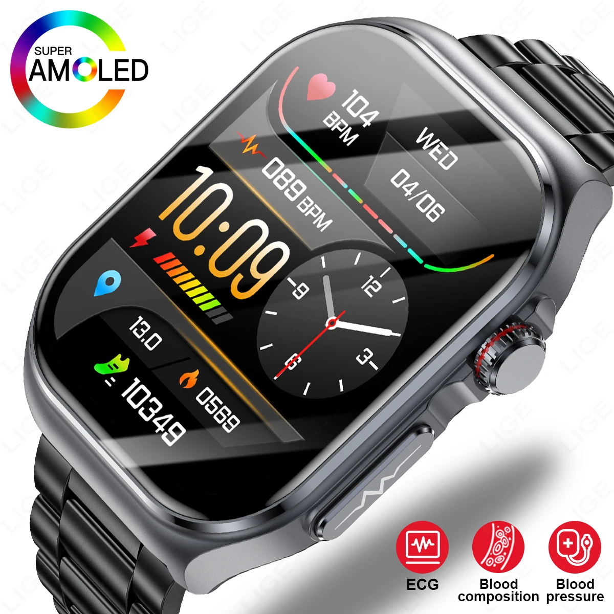 

LIGE AMOLED Smart Watch ET585 Men ECG Blood Compositoin Health Monitoring Bluetooth Call Women Sports Fitness Tracker Smartwatch