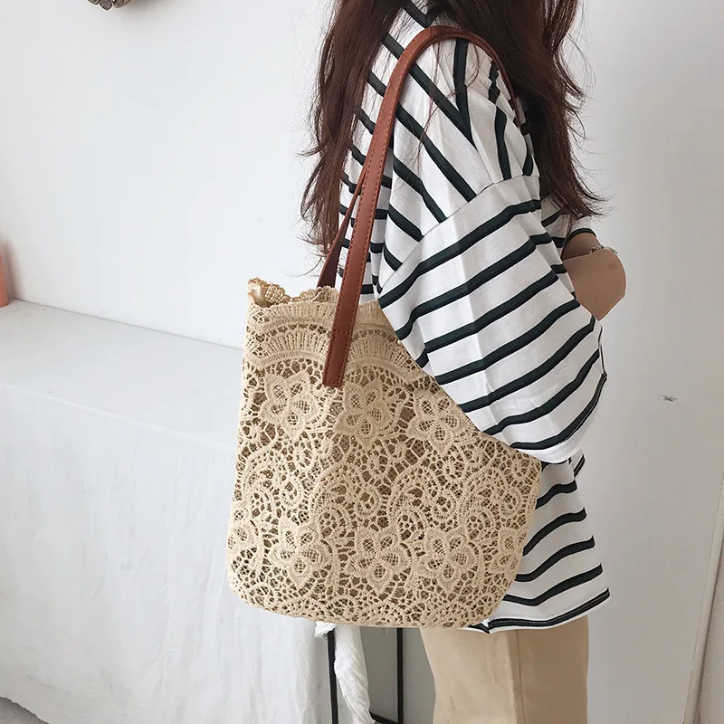 Lace Bag Women's Inns Sen Style Beautiful Small Fresh Shopping One Shoulder Handbag Embroidered Flower Hollow Tote Bag