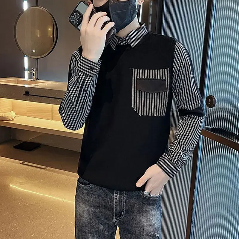 

Men's Clothing Striped Shirts Business Casual Pockets Spring Autumn New Fake Two Pieces Polo-Neck Fashion Knitted Spliced Shirts