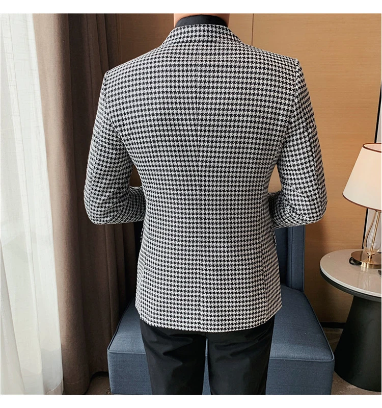 Plus Size 5XL Houndstooth Formal Jackets Two Buttons Long Sleeve Korean Mens Suit Jackets Office Wear Wedding Blazer One Coat