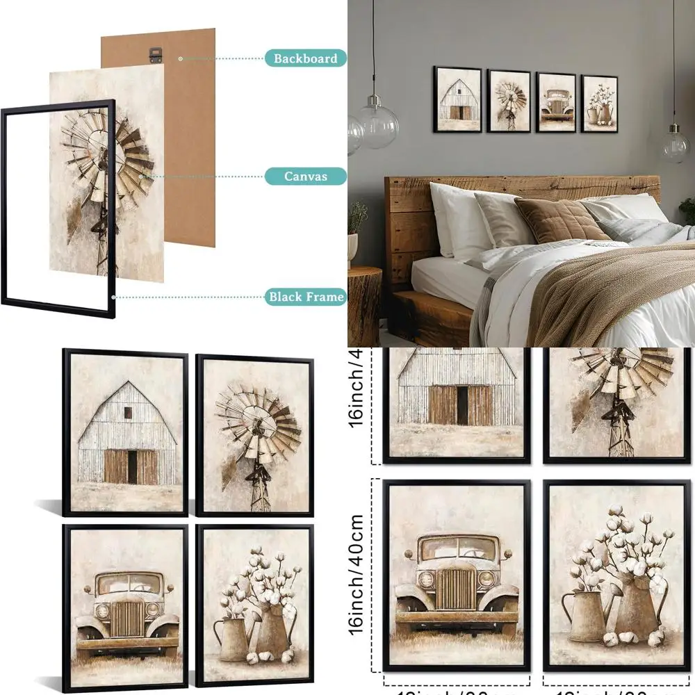 

Настенное искусство в деревенском стиле: ветряная мельница, сарай, грузовик, набор холста с хлопковым цветком и черной рамкой, 12x16