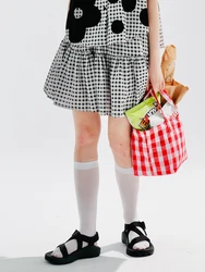 IMAKOKONI original design black and white plaid short skirt summer thin style A-line skirt stitching elastic waist skirt 234112