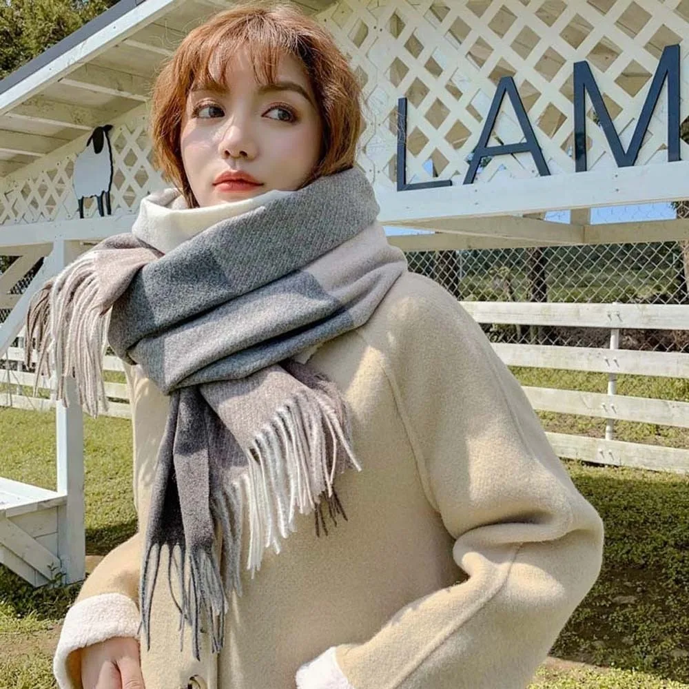 

Shawl Wool Classic Plaid Scarf Soft Cold-proof Knitted Wool Scarf Korean Style Polyester Long Neckscarf with Tassel Women