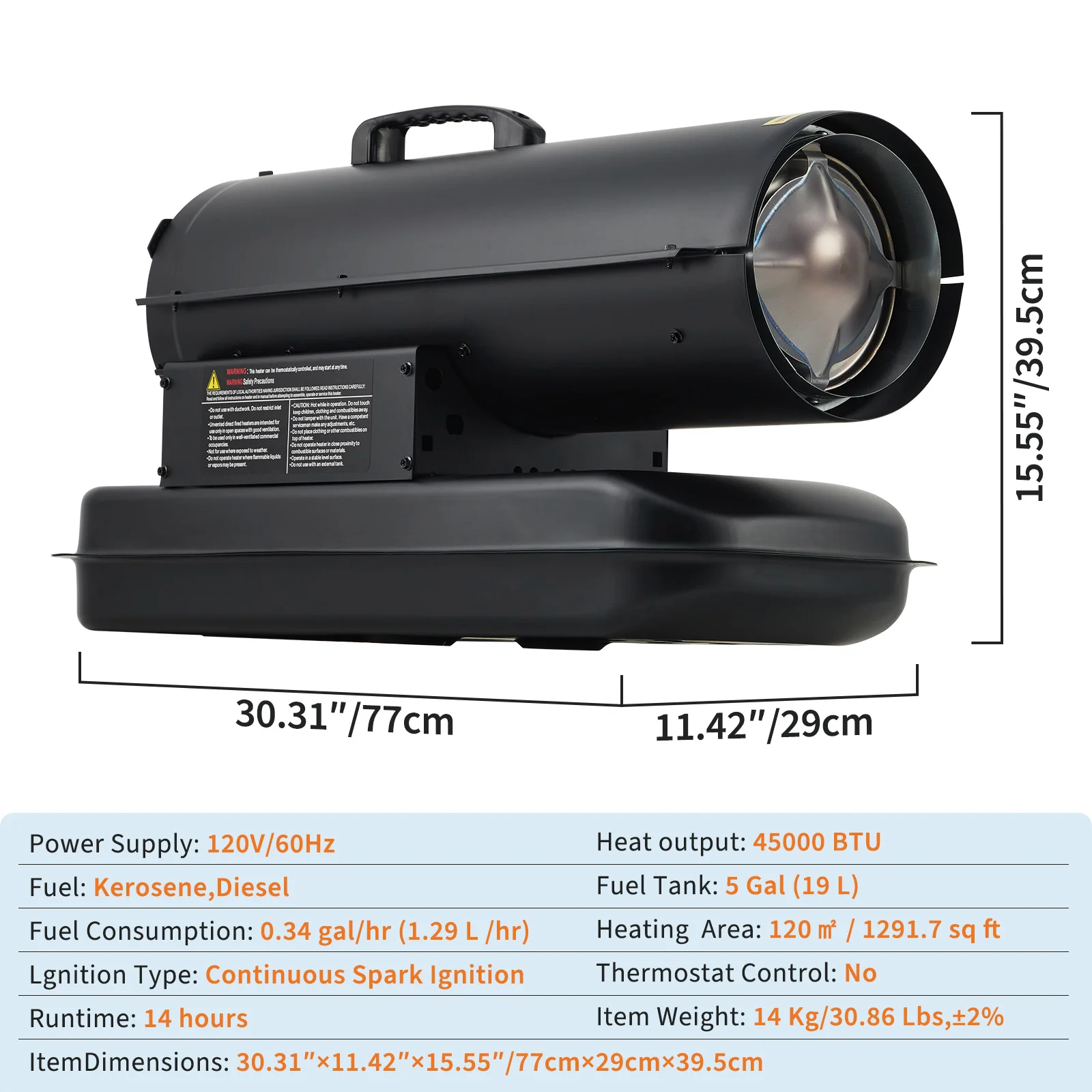 45000 BTU Diesel Forced Air Heater With 5 Gal Tank, 120V Portable Fan Heater For Garage, Workshop, Barn, Warehouse & Jobsite