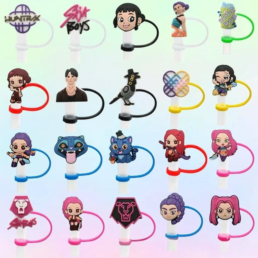 10pc k-pop demon hunters série capas de palha para 10mm à prova de poeira palha topper drinkware plug reutilizável diy festa decoração