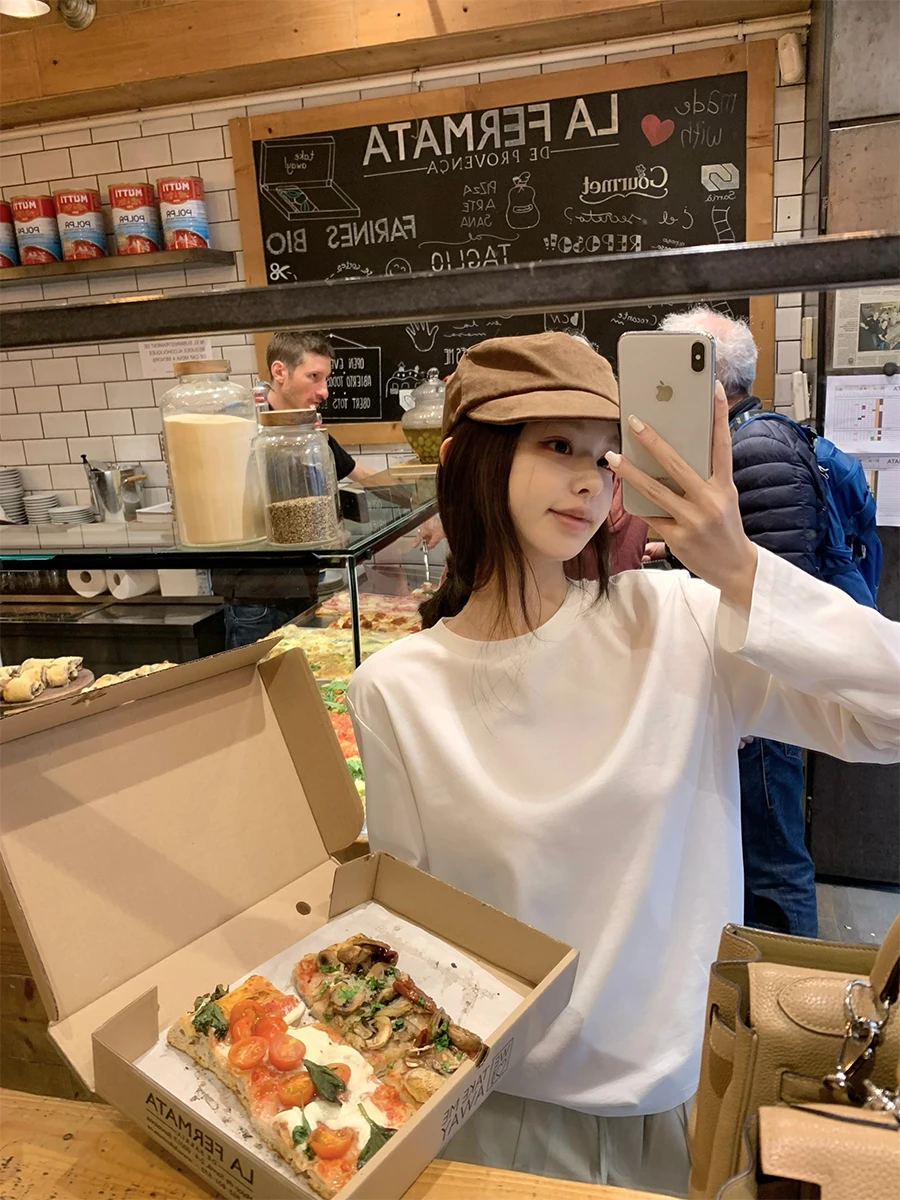 

Good Morning Fan Fan Heavyweight Cotton Long Sve Свободная женская футболка весна осень простой дизайн Ba Center S