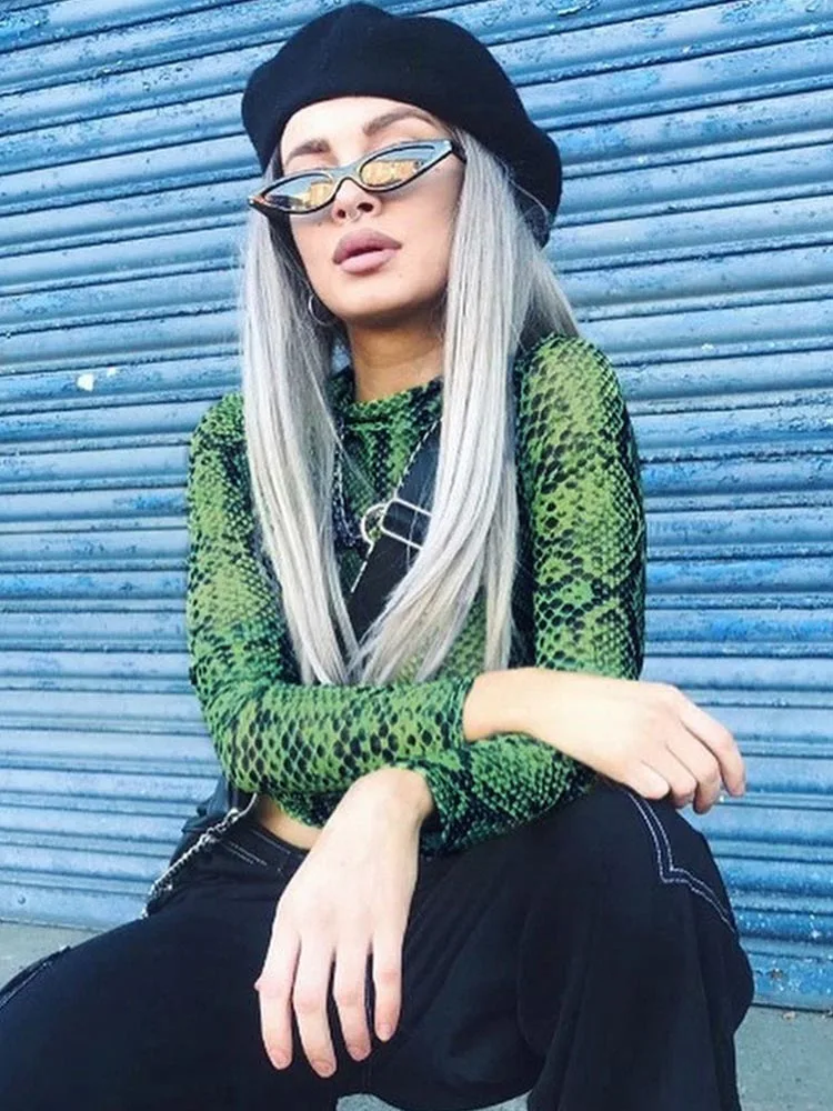 Casual Green Snake Print T Shirt Women Mesh Top Long Sleeve Transparent Snakeskin Female T-shirt High Neck Crop Tops