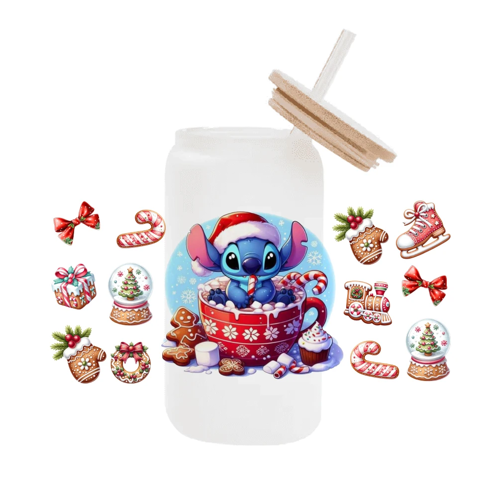 Disney Christmas Stitch For Libbey 16oz Can Glass 3D Waterproof UV DTF Coffee Can Wrap Libbey Glass Wrap