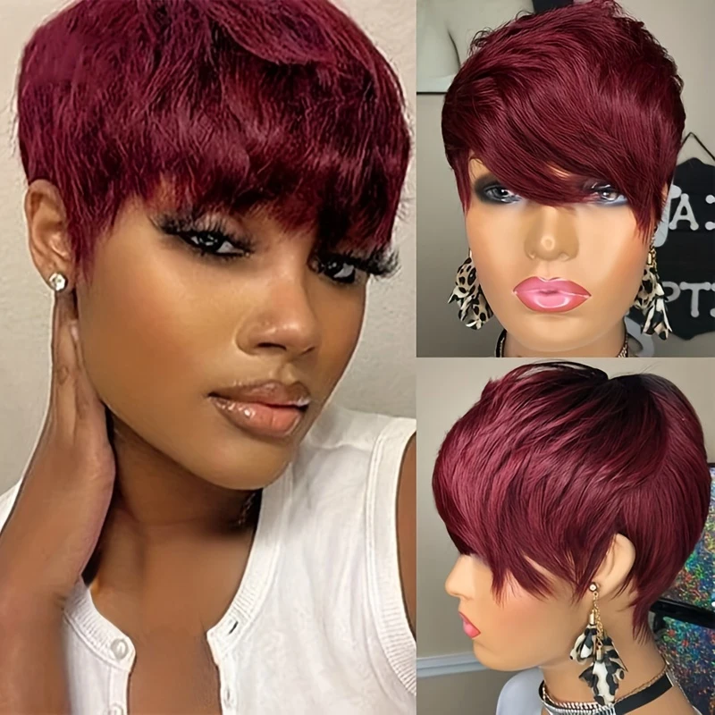 99J Pixie Cut Human Hair Short Layered Wigs For Women  Machine Made Wig Dark Burgundy Red Color Glueless Short Human Hair Wigs P