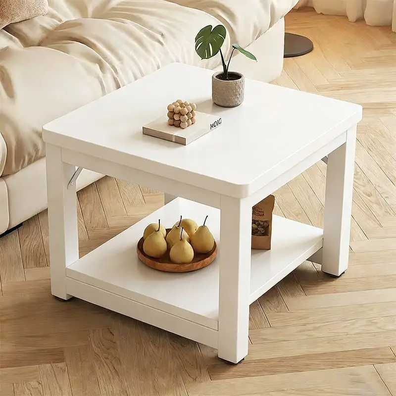 Sofa Table Square Oak Wood Grain Desktop Sturdy White Metal Frame Small Living Room Side End Table For Home Apartment