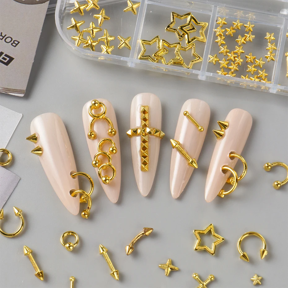 12 شبكة فاسق فضي الذهبي المسامير نمط مسمار السحر Y2K المعادن الذهبي مثقوب المسامير الصلبة مسمار الفن الديكور مسمار الملحقات
