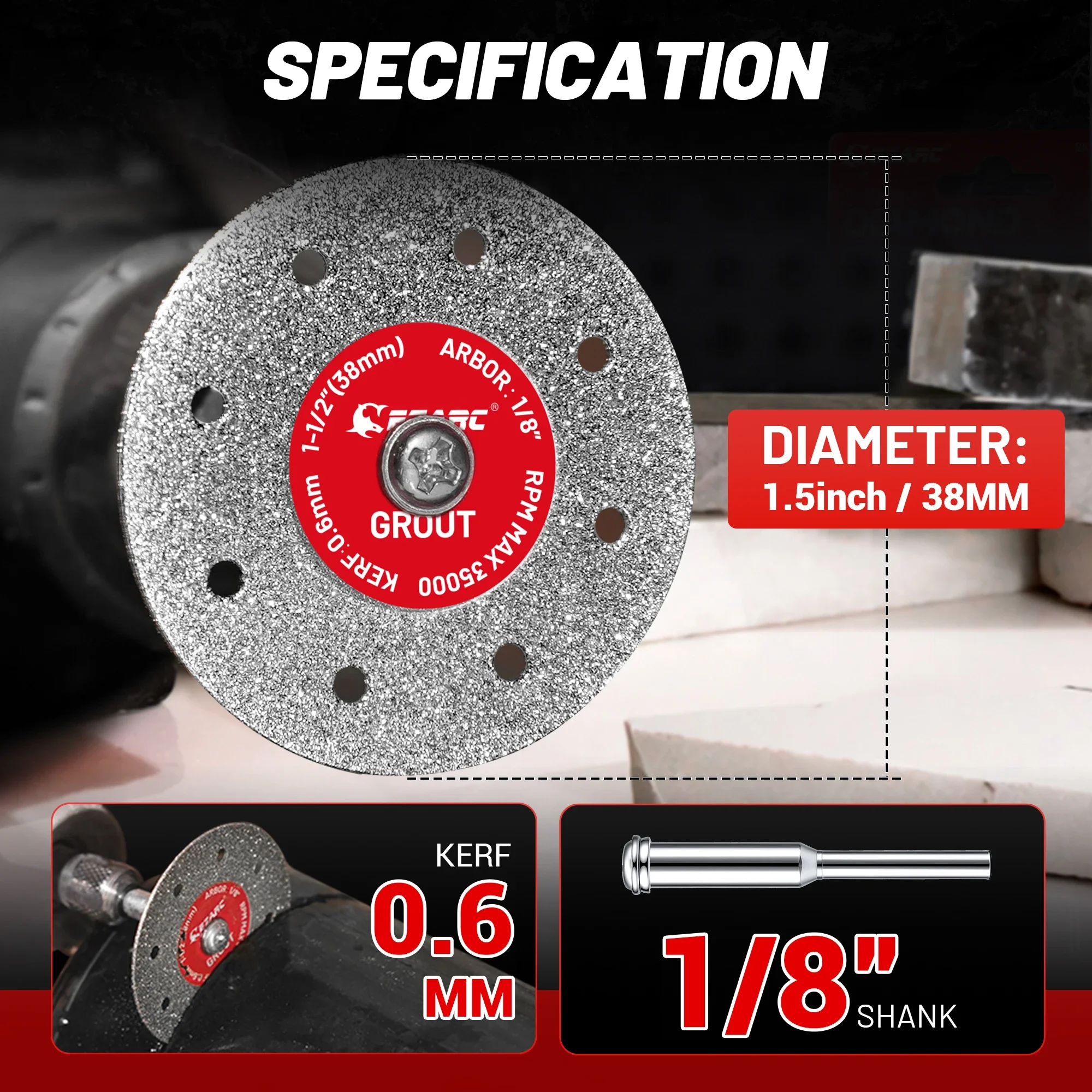 EZARC 10PC Diamond Tile Cutting Wheels with 2 Mandrels, 38mm Cutting Disc 0.6mm Ultra Thin Kerf for Marble Brick Glass Porcelain