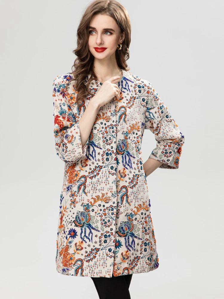 Women's Runway Trench Coats O Neck 3/4 Sleeves Vintage Printed Vintage Dobby  High Street Designer Outerwear