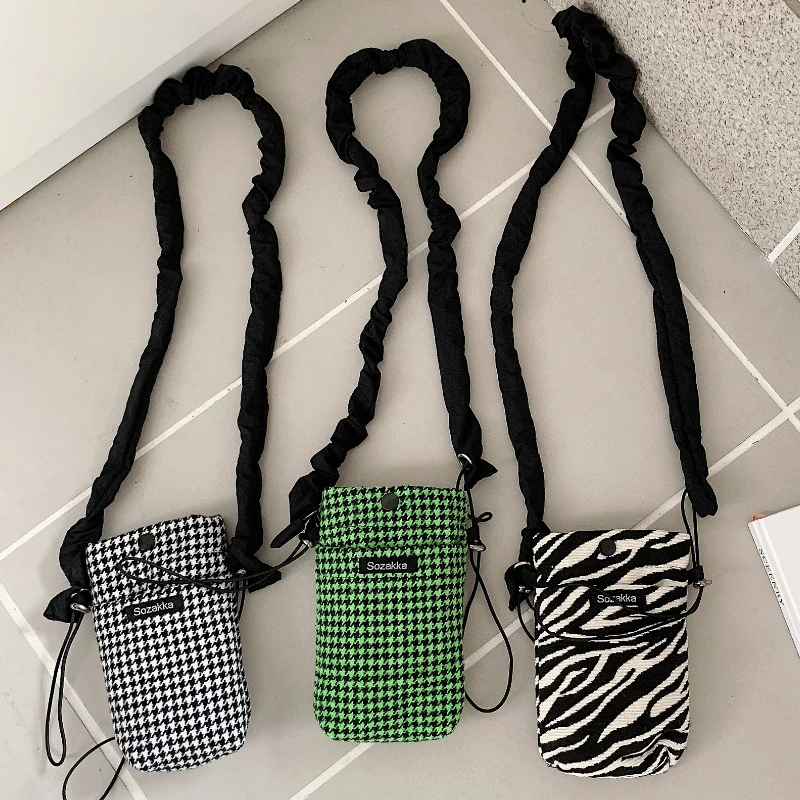 Cute Girls Student Messenger Bags Phone Pouch Retro Houndstooth Small Shoulder Crossbody Bag Female Pleated Straps Purse Handbag