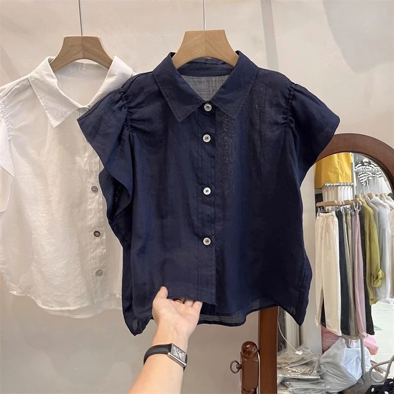 

Women's Summer Sleeveless Shirt Linen Material Design Sensation Small Audience Top Collar Short Sleeve Button Closure