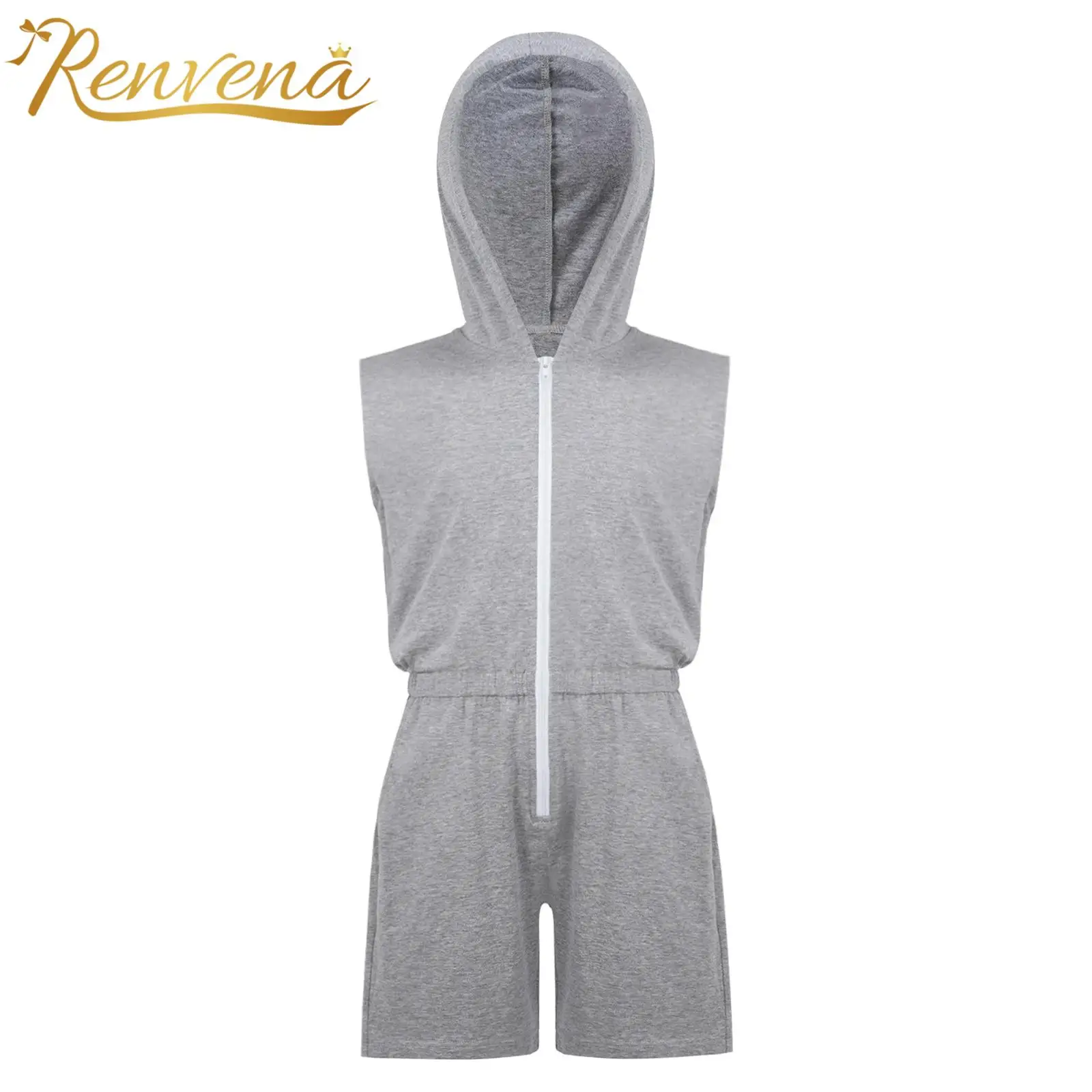 

Kids Boys Sleeveless Zipper Hooded Jumpsuit Elastic Waist Thigh Length Bodysuit Children's Clothing Fitness Kids Unitards