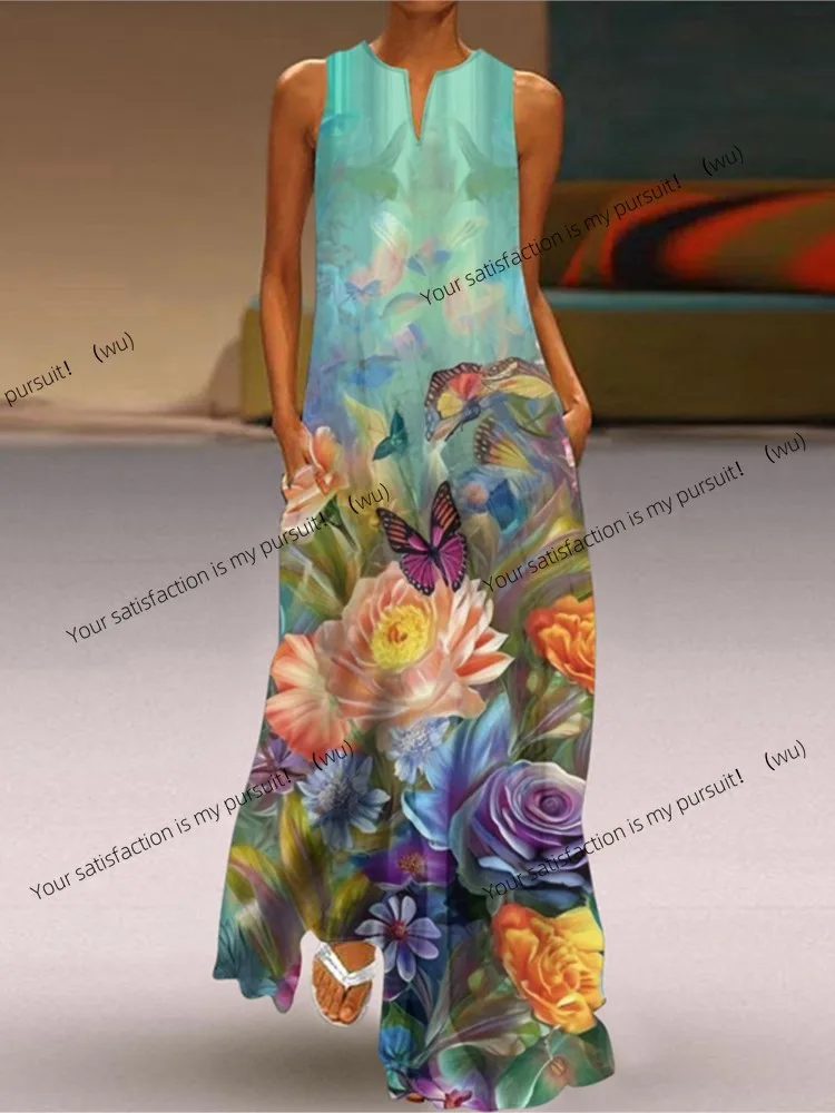 2023 sommer Neue Vintage Blume Gedruckt Lange Kleider Frauen Mode V-ausschnitt Lose Ärmelloses Kleid Casual Pendeln Vestidos Weibliche
