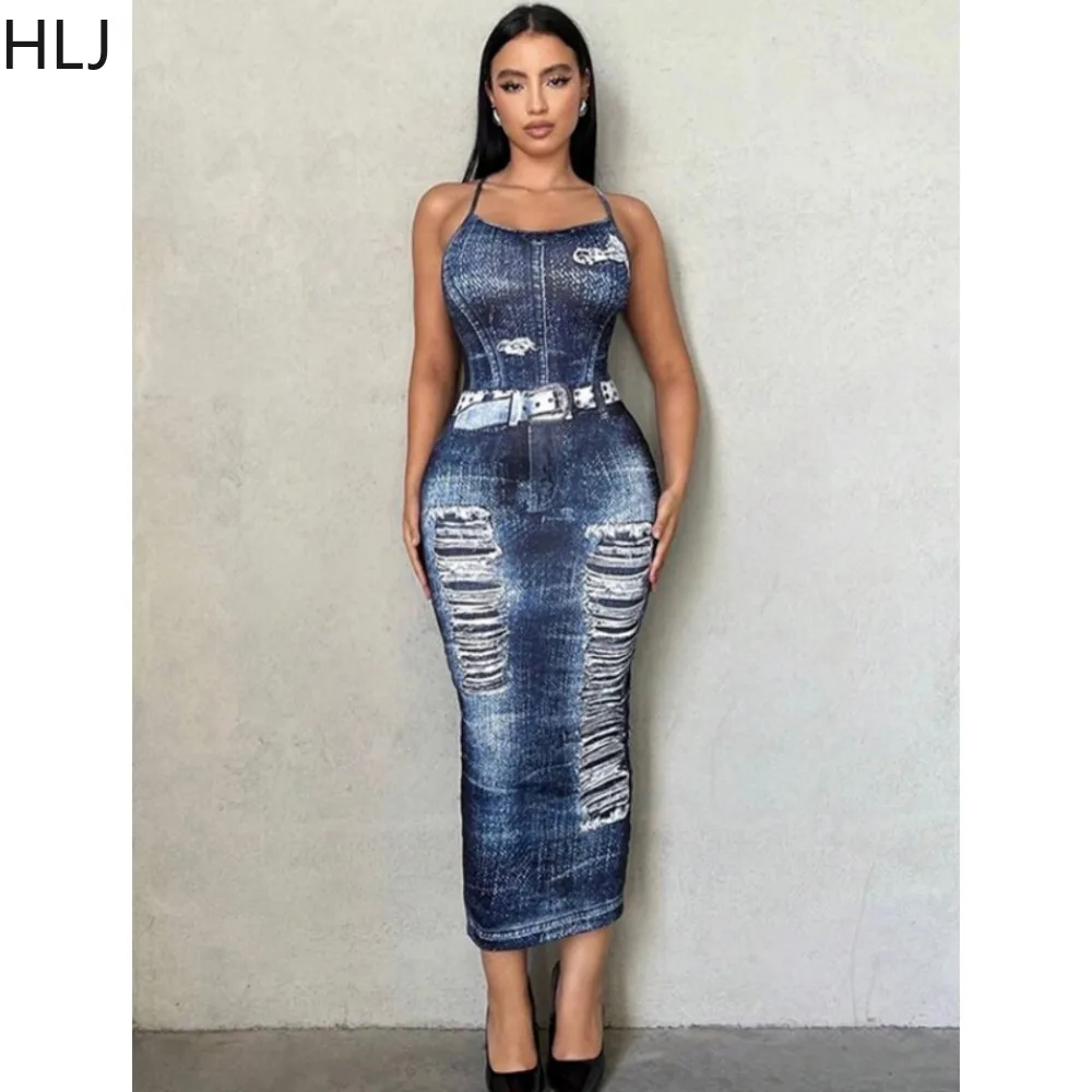 

HLJ Retro Blue Fashion Backless Bodycon Suspended Dress Women Thin Strap Slim Hole Mid Dresses Sexy Female Sleeveless Vestidos