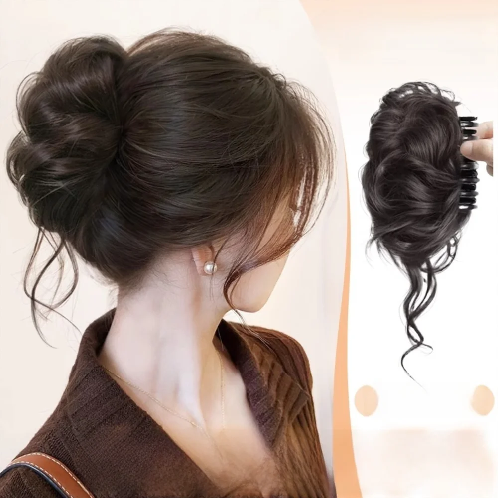 Nouveau Chignon Synthétique Bouclé Naturel avec Pince à Cheveux, Perruque Chignon Marron Noir Volumineuse, Accessoire Cheveux