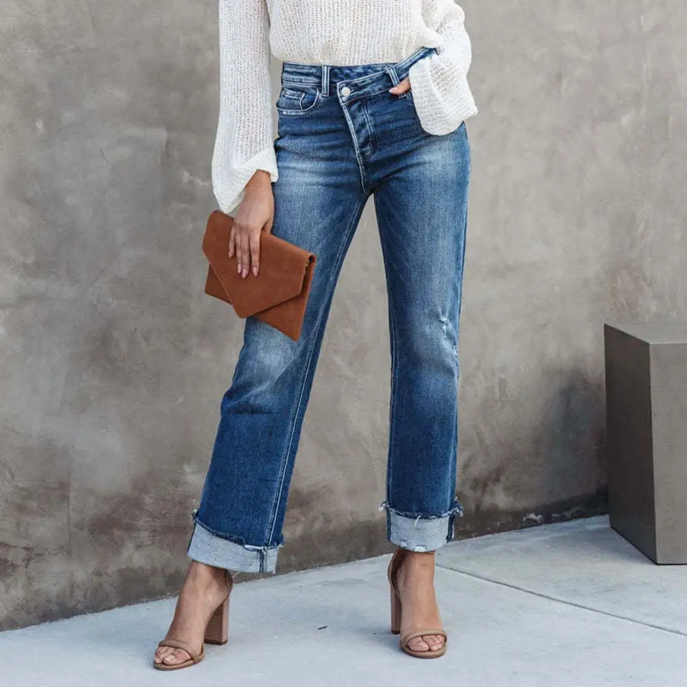 Women Casual Straight Leg Demin Pants New Basic Sexy Patchwork Jeans Trouser 2025 European Fashion Diagonal Button Up Pants New