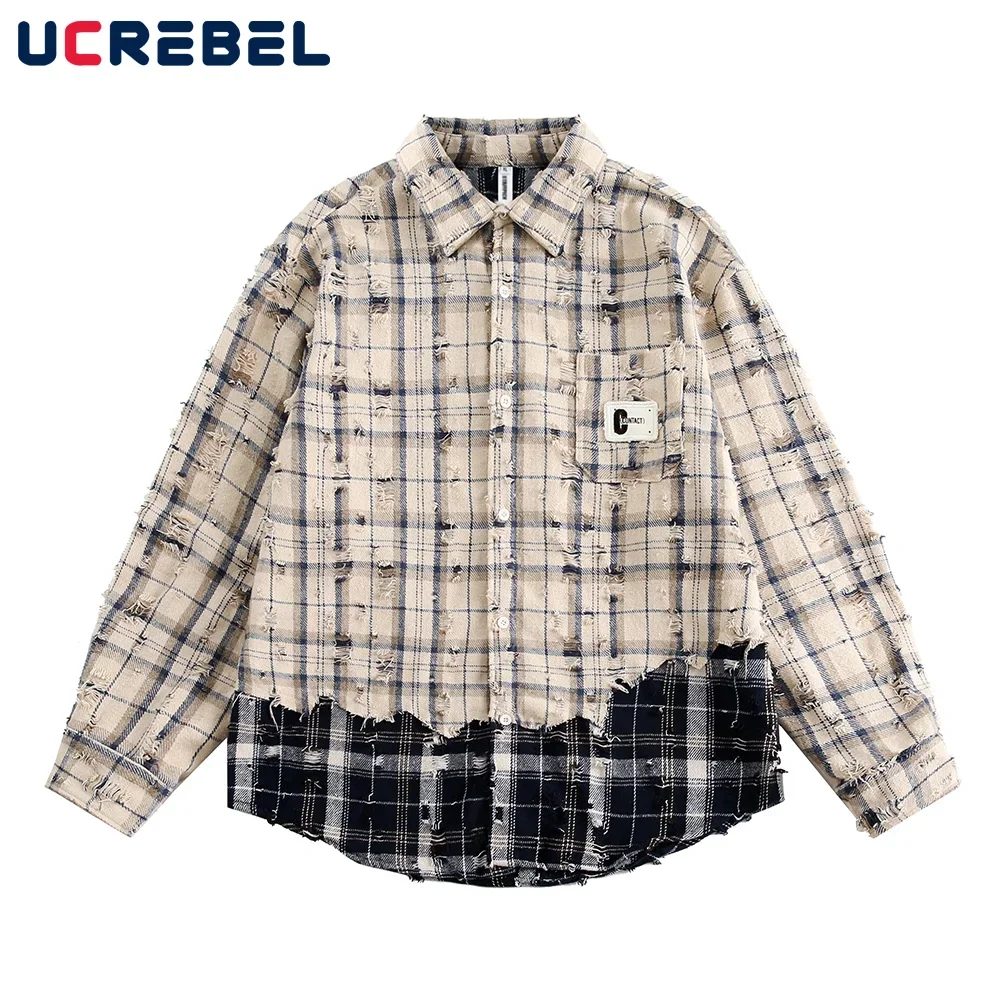 

Plaid Patchwork Long Sleeve Shirts Mens Ripped Curved Hem High Street Autumn Pocket Lapel Single Breasted Shirts Men