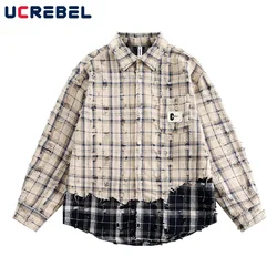 Plaid Patchwork Long Sleeve Shirts Mens Ripped Curved Hem High Street Autumn Pocket Lapel Single Breasted Shirts Men