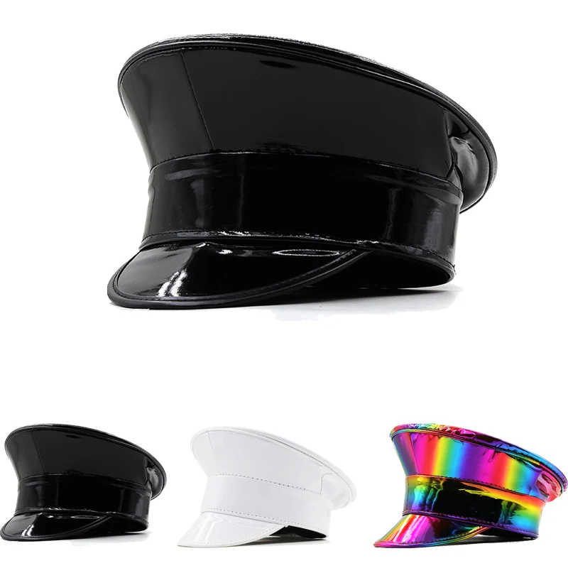 

Wmen PU Leather Military Hat Men Rainbow Laser Patent PVC Captain Cap Prom Performance Bar Cosplay Show Cool Hat Beret Cap