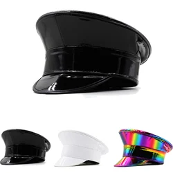 Wmen PU Leather Military Hat Men Rainbow Laser Patent PVC Captain Cap Prom Performance Bar Cosplay Show Cool Hat Beret Cap