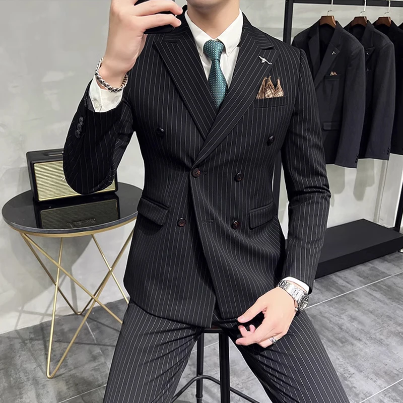 M-7XL ( Blazer + Pants ) Luxury Classic Striped Men's Official Office Casual Business Double -breasted Suit Groom Wedding Gown