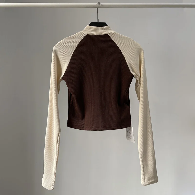 [YOZOU] Spring Cotton Slim Ribbed Contrast Color Long Sleeve Zip Up Crop Top Women Black White Beige Brown Tshirt Baby Tee Rave