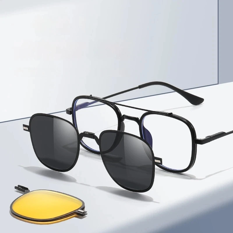 VAKA Metal 3 In 1 New Style Folding Magnet Clip On Glasses Frame Trend Polarized Sunglasses Men Optical Computer Eyewear UV400