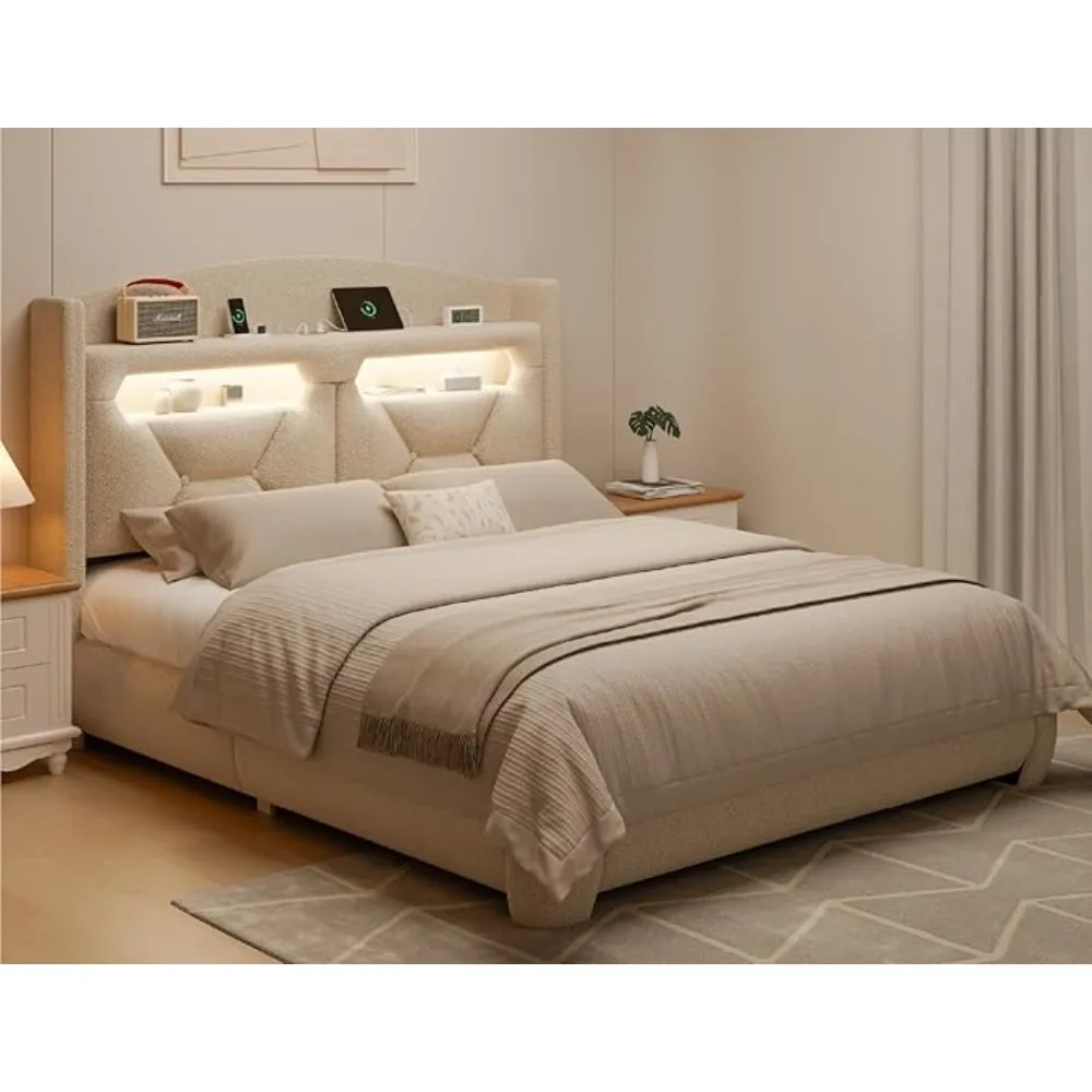 

Bed Frame with Storage Headboard, LED Bed Frames with Type-C USB Charging Station, Upholstered Modern Platform Bedframe, Easy