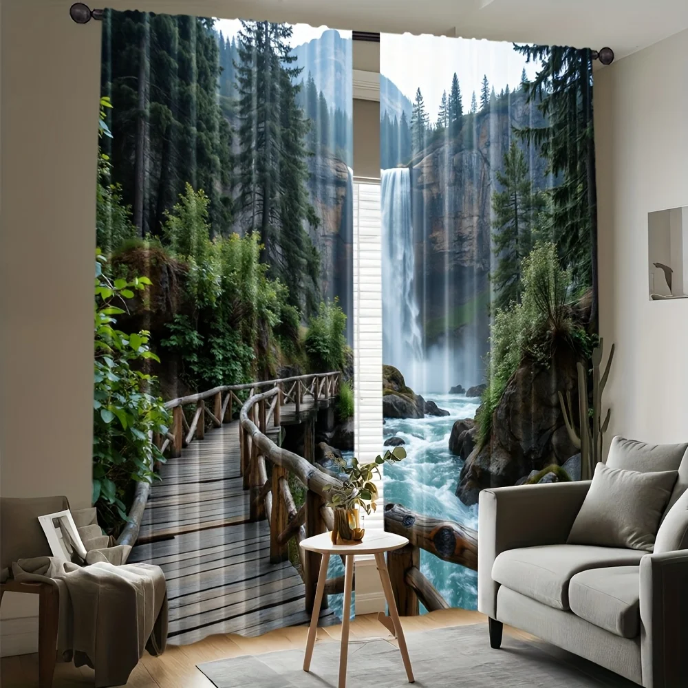 2 Panels Pine Waterfall Landscape Curtains River and Bridge Print for Living Room Bedroom Office Natural Home Decorative