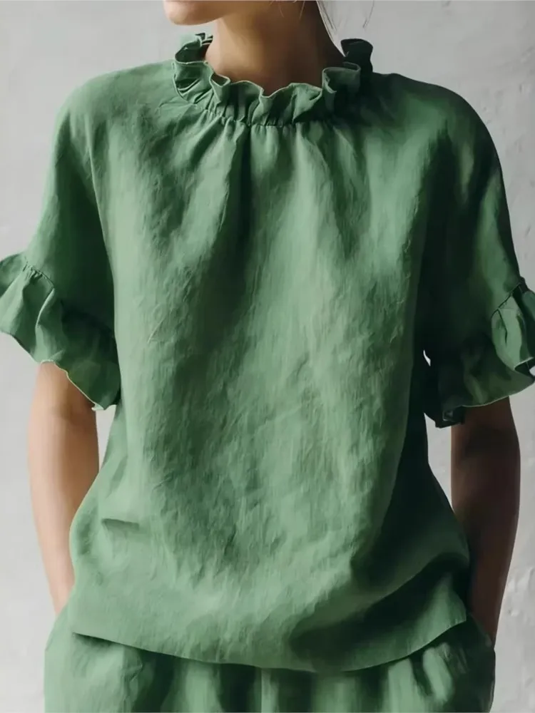 

Summer New Shirt Solid Casual Loose Ruffled Short-sleeved Top For Women New Fashion Elegant Office White Womens Tops And Blouses