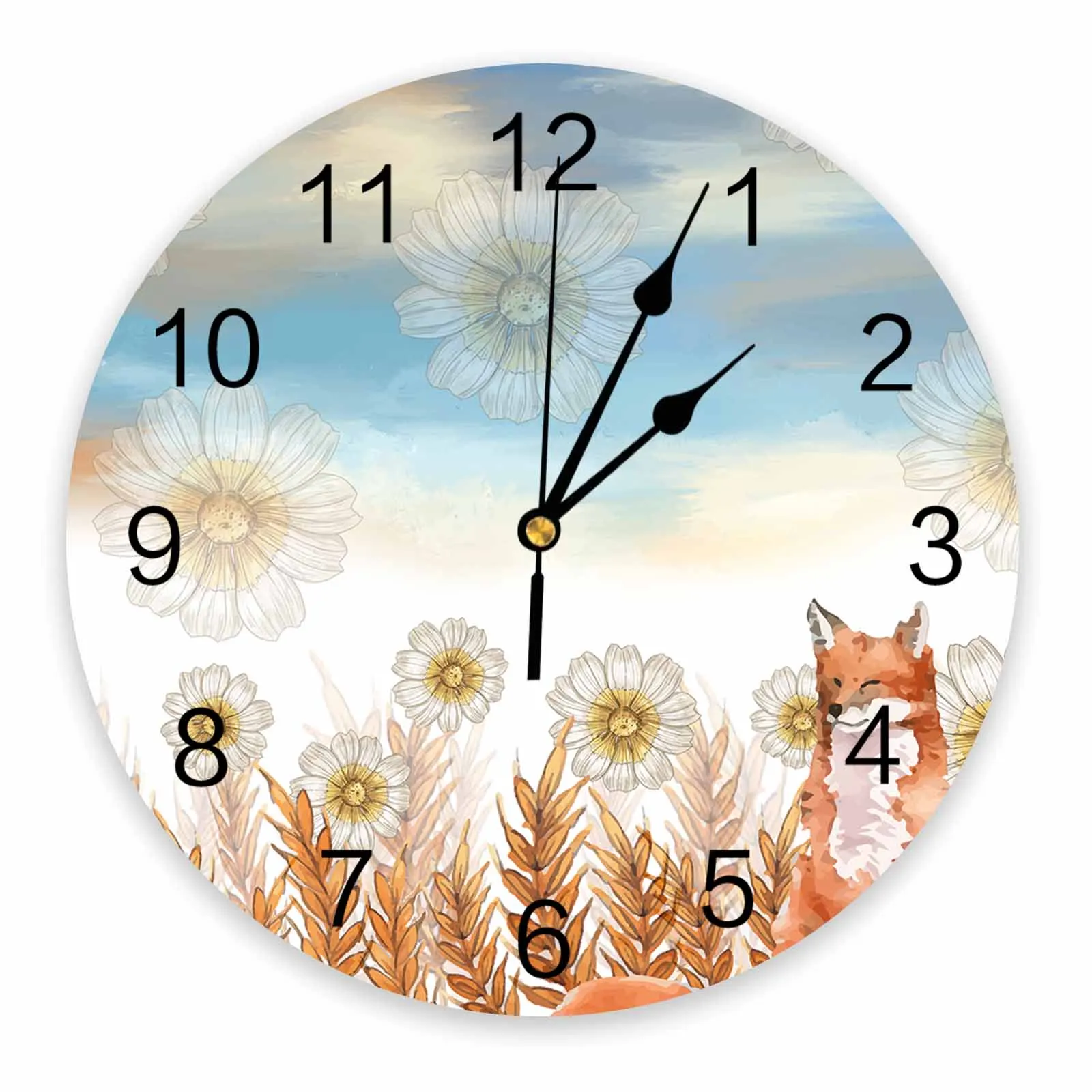 Autumn Plant Wheat Ears Daisy Fox Watercolor Printed Wall Clock Modern Silent Clock Living Room Home Decor Wall Hanging Watch