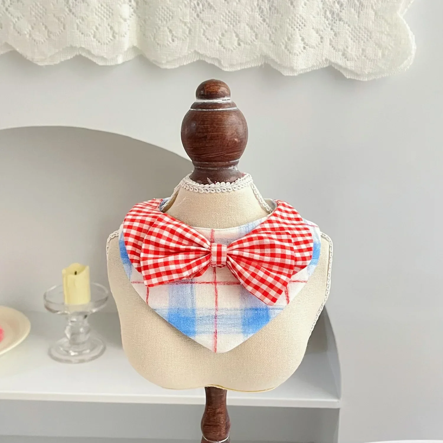 Blue Checkered Pet Triangle Scarf Cute Dogs Bow Bib Cat Dogs Bib Shawl Pet Drool Towel Teddy Scarfs Dog Accessories Dog Bow Tie