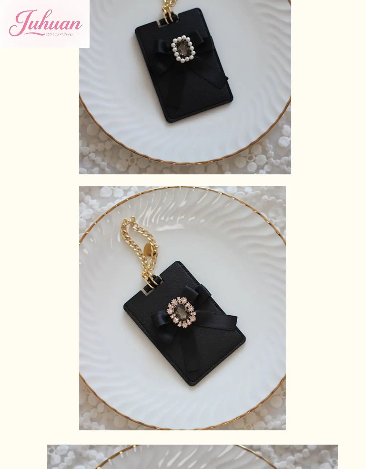 New Hand Made Japanese Love Rhinestone Pearl Bow Portable Portable Mini Makeup Mirror Lolita Cute Chain Leather Pendant Women