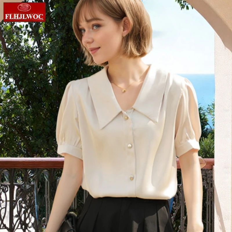 

Chiffon Summer Tops Blouses New FLHJLWOC Design 2025 Cute Office Lady All-Match Basics Pink Solid Elegant Button Shirts