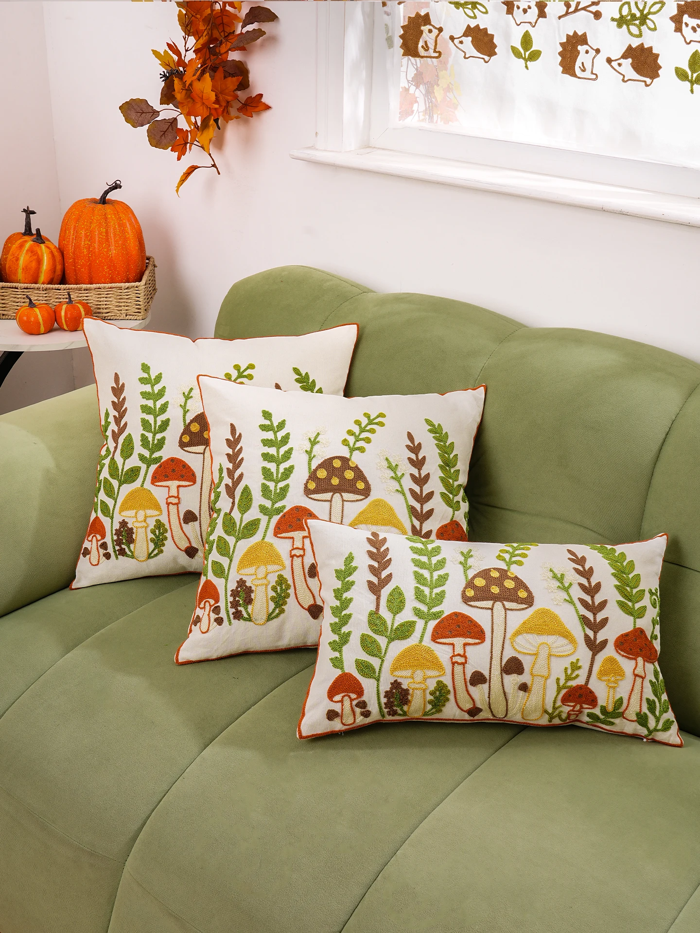 1pc Autumn Mushroom Embroidery Pillowcase Multi-size Available Universal for Sofa And Bed Home Decor Harvest Festival Special