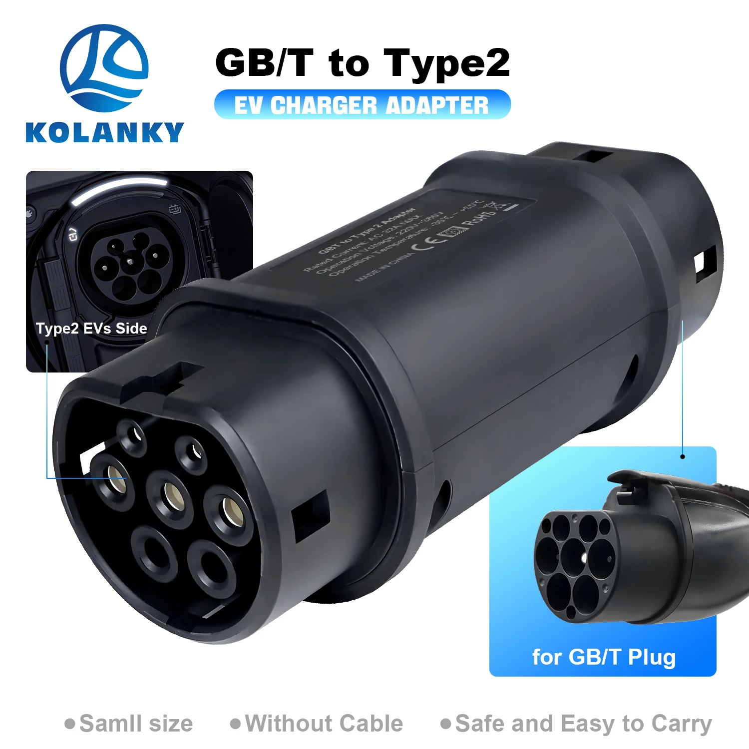 Kolanky  Charging Adapter 32A 22KW GBT To Type 2 Adapter For Type 2 EU Standard Electric Vehicle Cars