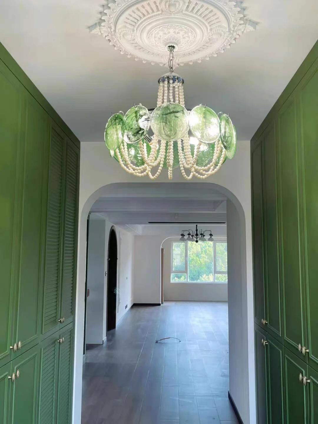 Murano Glass Chandelier With Pearl Strings For Living Dining Room Bedroom Round Colorful Glass Pendant Light Chrome Frame Lamp
