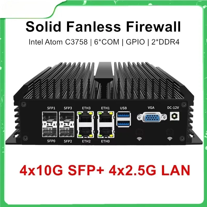 

4x10G SFP+ 4xi226-V 2.5G LAN Solid Fanless Firewall Intel Atom C3758 8 Core Home Server Soft Router Mini PC GPIO 6*COM AES-NI
